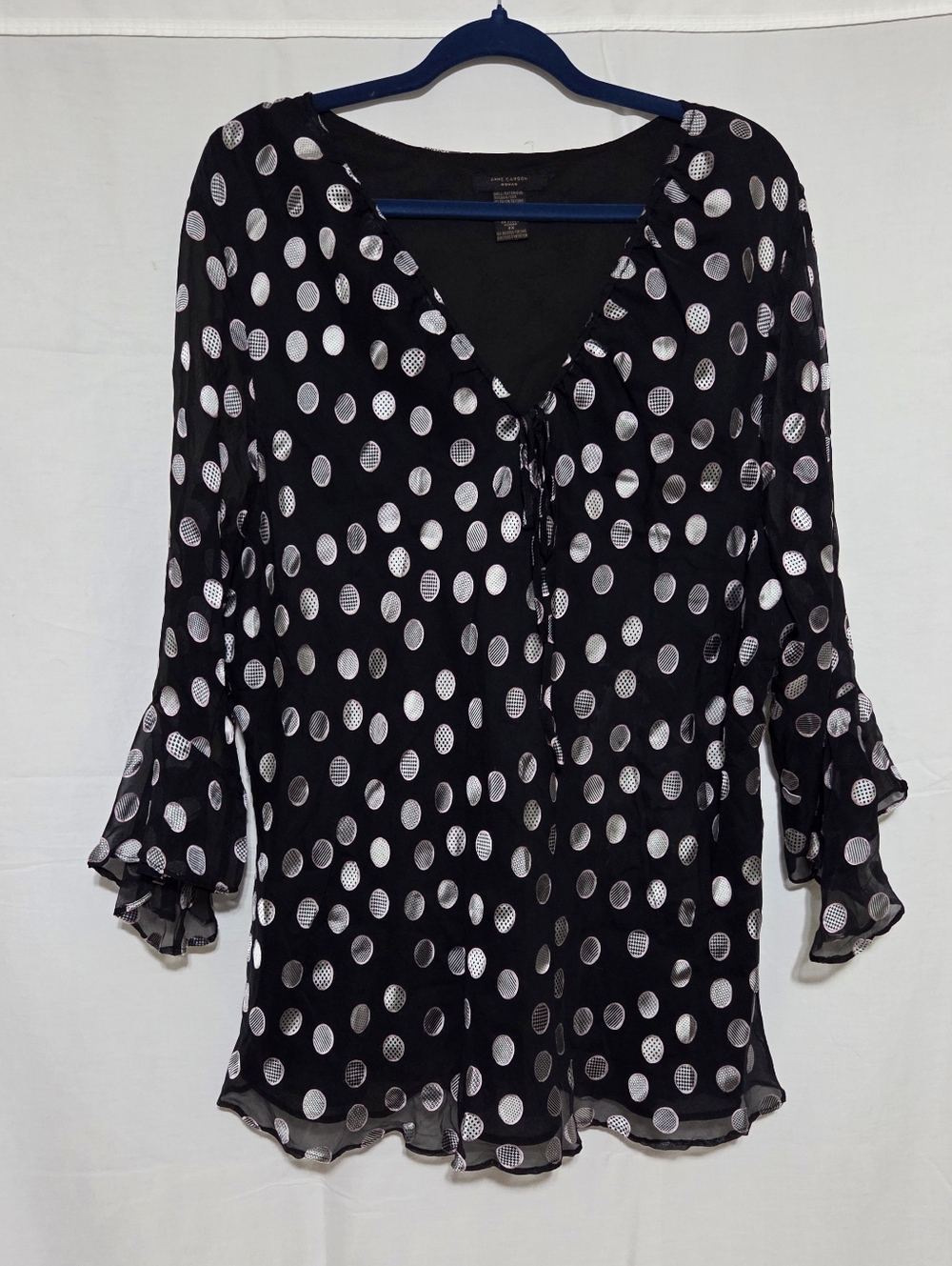 Anne Carson 70% Silk 3XL Black & Silver Polka Dot V-Neck Flare 3/4 Sleeve Top